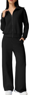 Women's Cotton 2 Piece Tracksuit Set - Lapel Zip Sweatshirt & Wide Leg