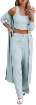 Womens 3 Piece Lounge Set - Comfortable Knit Cardigan, Crop Top & Wide