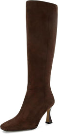 Black Leather Knee High Boots for Women Square Toe - Kitten Heel 2.9in