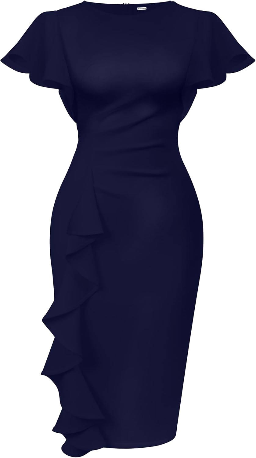 Memoriesea Women's Vintage Church Ruffle Sleeve Midi Dress