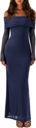 Women Off Shoulder Long Sleeve Mesh Dress - Elegant Curve Hugger