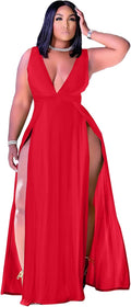 Ekaliy Women's Plus Size Sleeveless Deep V Neck Front Split Long Maxi