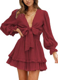 Dokotoo Womens Deep V Neck Knotted Tiered Chiffon Mini Dress - Summer
