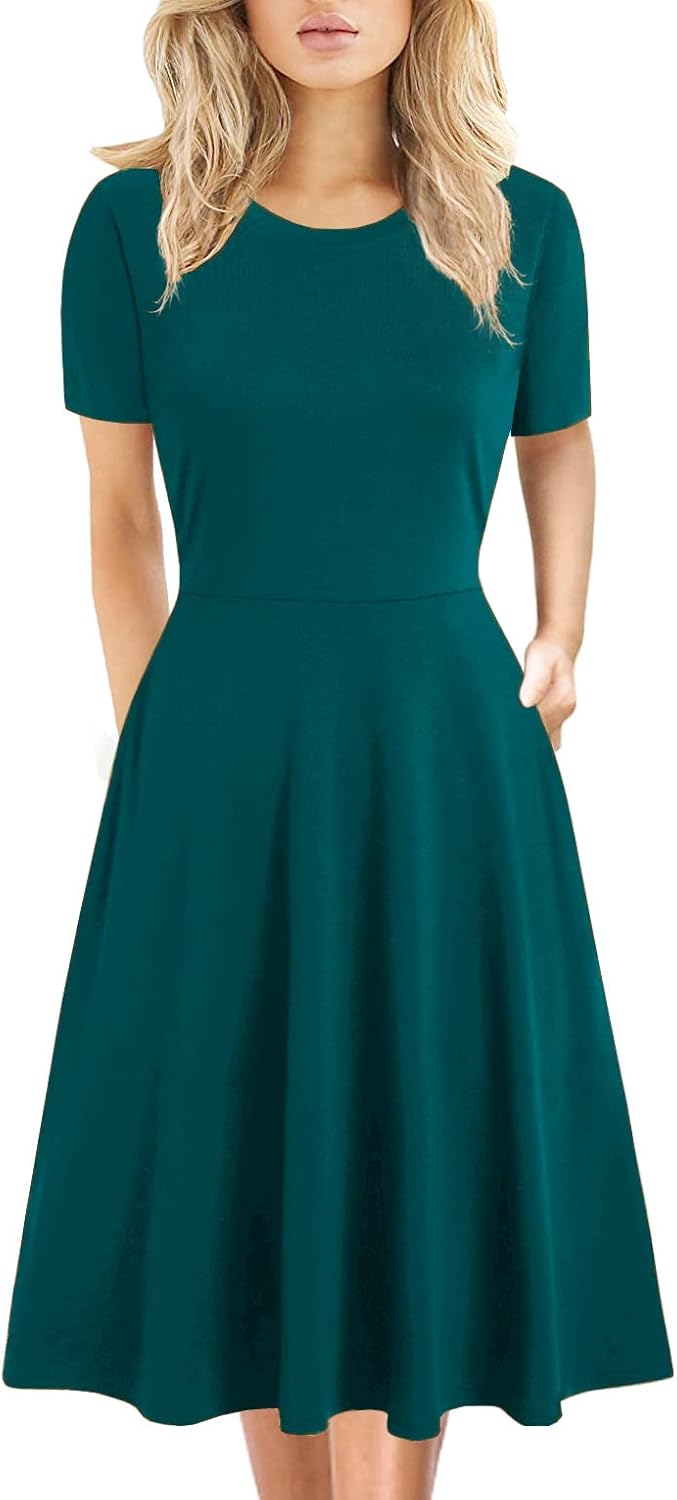 Women's Elegant Knee Length Floral Print Swing Dress with Pockets