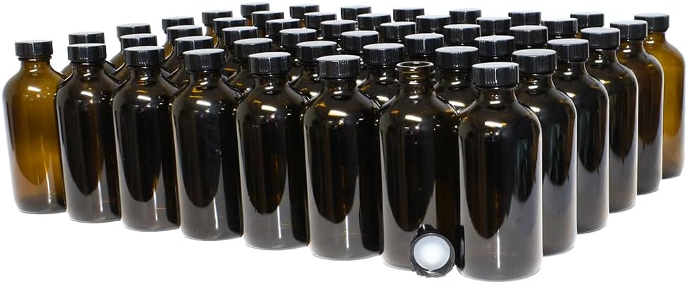 8 oz Amber Boston Round Bottles with Black Poly Cone Cap Pack