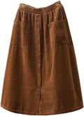 Corduroy Midi Skirt with Front Buttons and Split - Classic A-Line