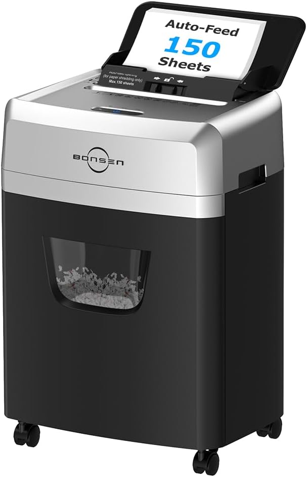 BONSEN 150-Sheet Autofeed Paper Shredder for Heavy Duty Use