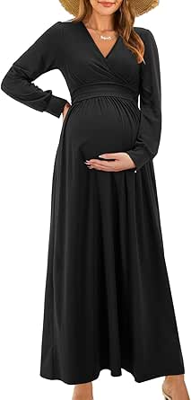 OUGES Maternity Maxi Dress Wrap V Neck for Baby Shower Events