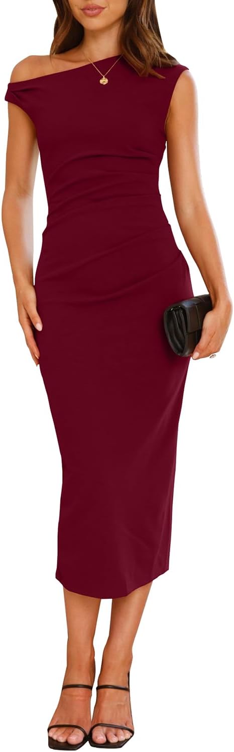 IHOT Women's Sleeveless Bodycon Ruched Midi Dress for Events