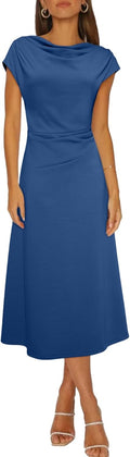 Women's Cowl Neck Ruched Waist A-Line Midi Dress - Flowy Fit