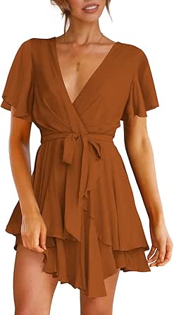 Cosonsen Women's Deep V-Neck Long Sleeve Mini Swing Dress