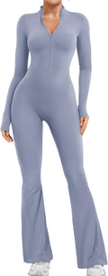 Women Long Sleeve Flare Workout Jumpsuit - Zip Front Bodycon Romper