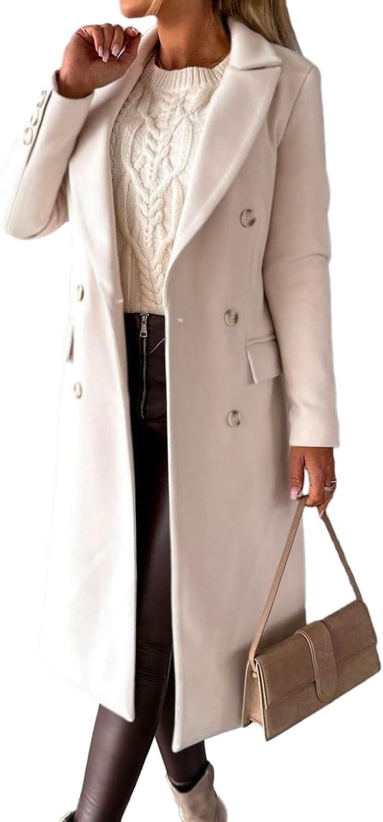 Womens Long Wool Coat Double Breasted Trench Coat for Winter