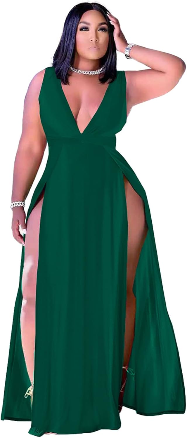 Ekaliy Women's Plus Size Sleeveless Deep V Neck Maxi Dress