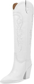 ISNOM Women's Cowgirl Knee High Boots - Western Embroidered Style