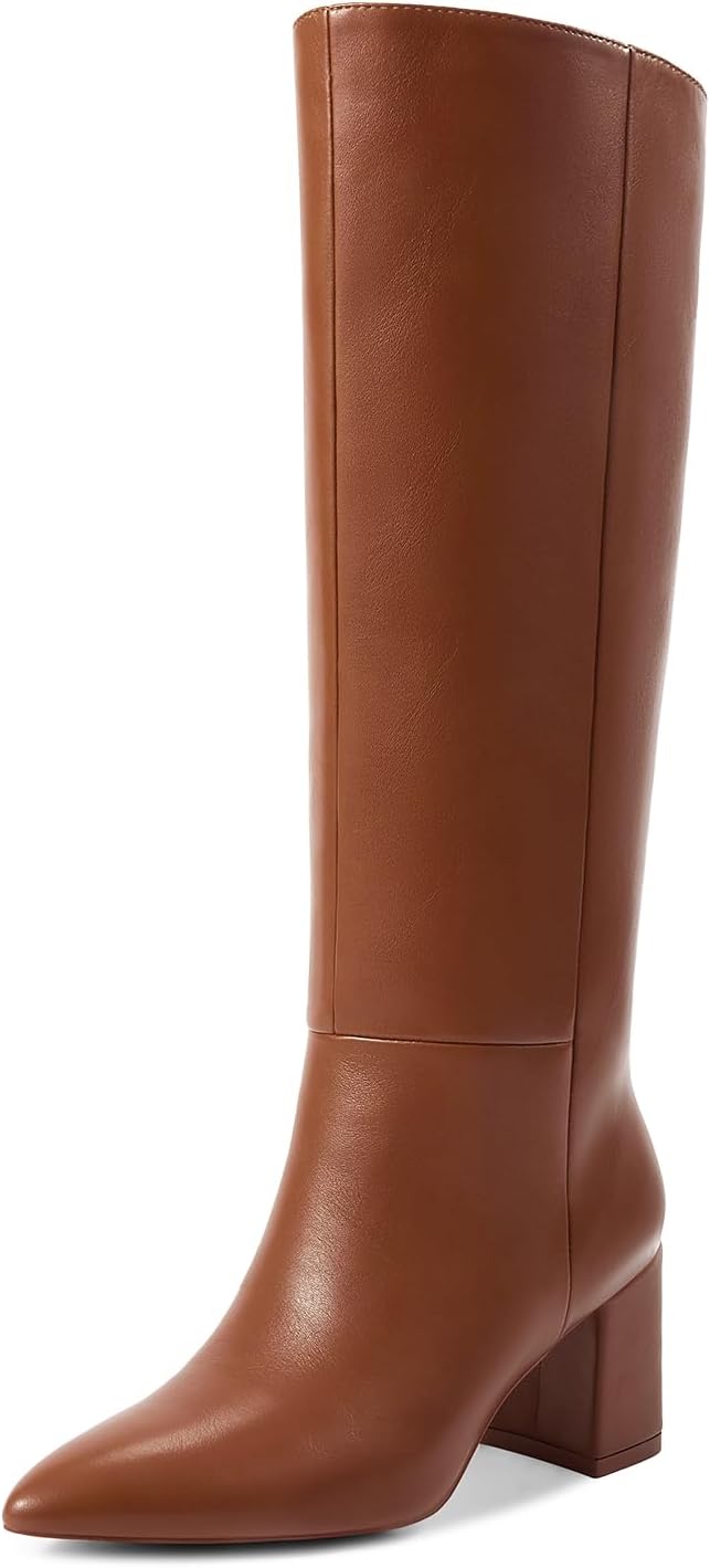 Knee High Boots Women Chunky Heel Pointed Toe Tall Pull-On Style