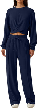 QINSEN Women 2 Piece Twist Front Cropped Sweatshirt and Wide Leg