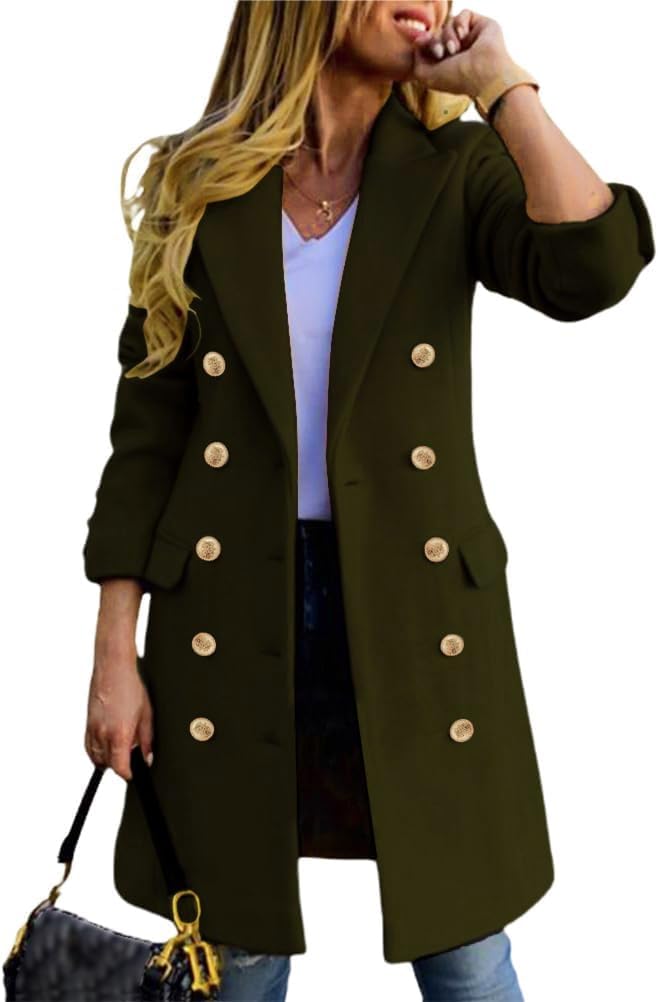 Womens Fall Winter Wool Coats Double Breasted Midi Peacoat