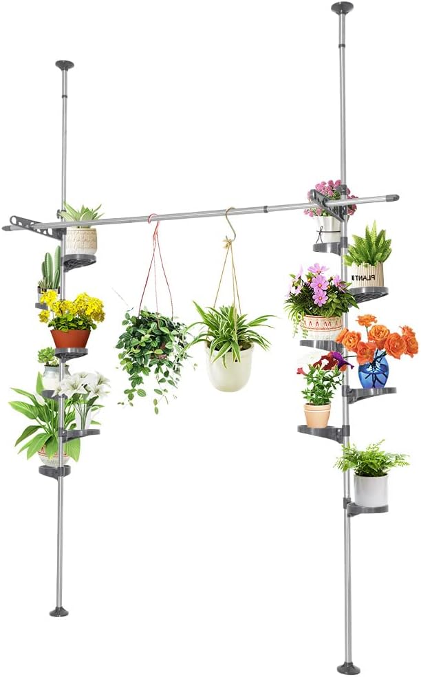 BAOYOUNI Indoor Plant Pole Stand with Adjustable Trays & Hooks