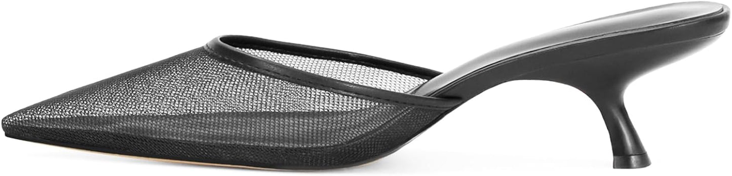 Mesh Kitten Heels Mules for Women with Closed Pointed Toe Design