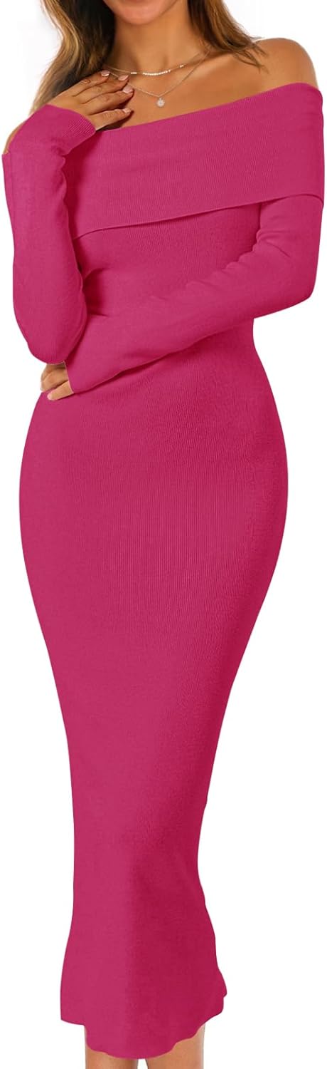 MEROKEETY Women's Fall Off Shoulder Bodycon Sweater Dress