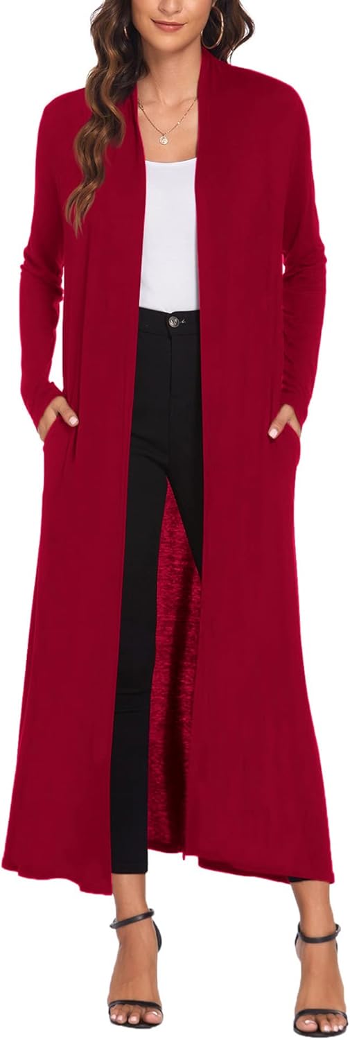 Bluetime Women Floor Length Open Front Cardigan with Pockets
