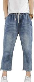 Women's Cropped Baggy Denim Jeans with Elastic Waist - Embroidered
