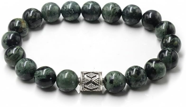 Dark Green Jade and Sterling Silver Bead Bracelet for Men