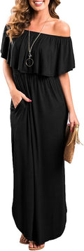 Off The Shoulder Ruffle Party Maxi Dress - Side Split with Pockets