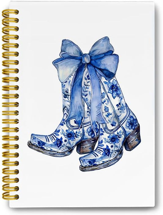 Blue Bow Western CowGirl Boots Journal - Funky Spiral Notebook for Teen Girls