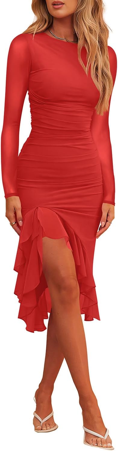 Hocuos Womens Round Neck Long Sleeve Ruffle Hem Midi Dress