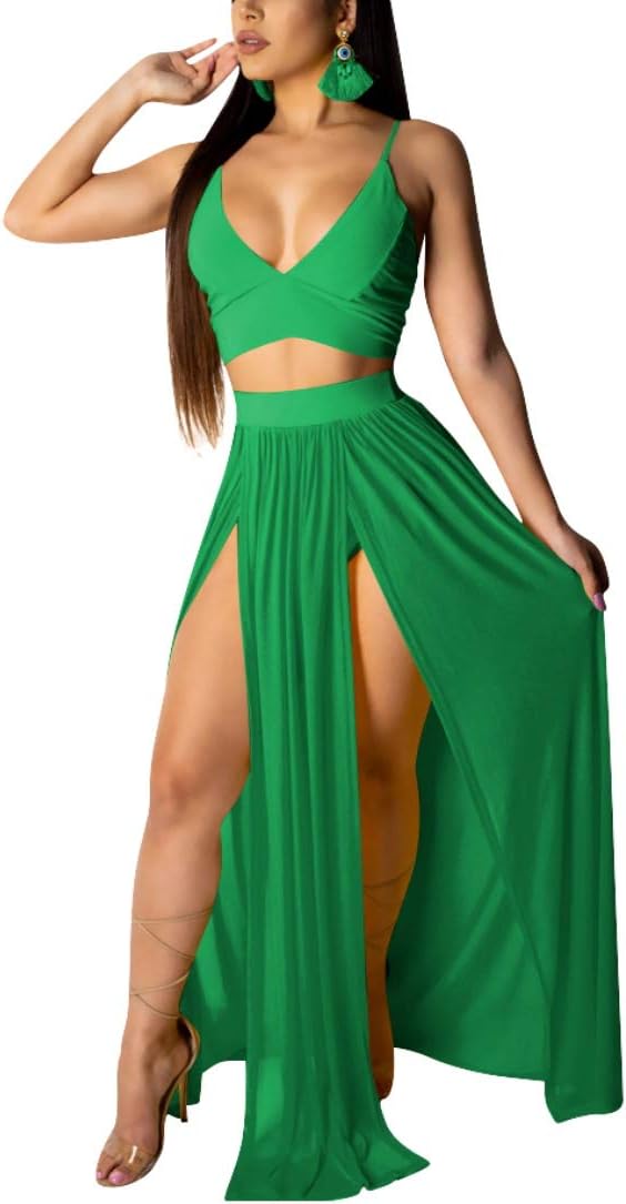 Women Sexy 2 Piece Outfits Dress Chiffon Deep V Neck Maxi Set