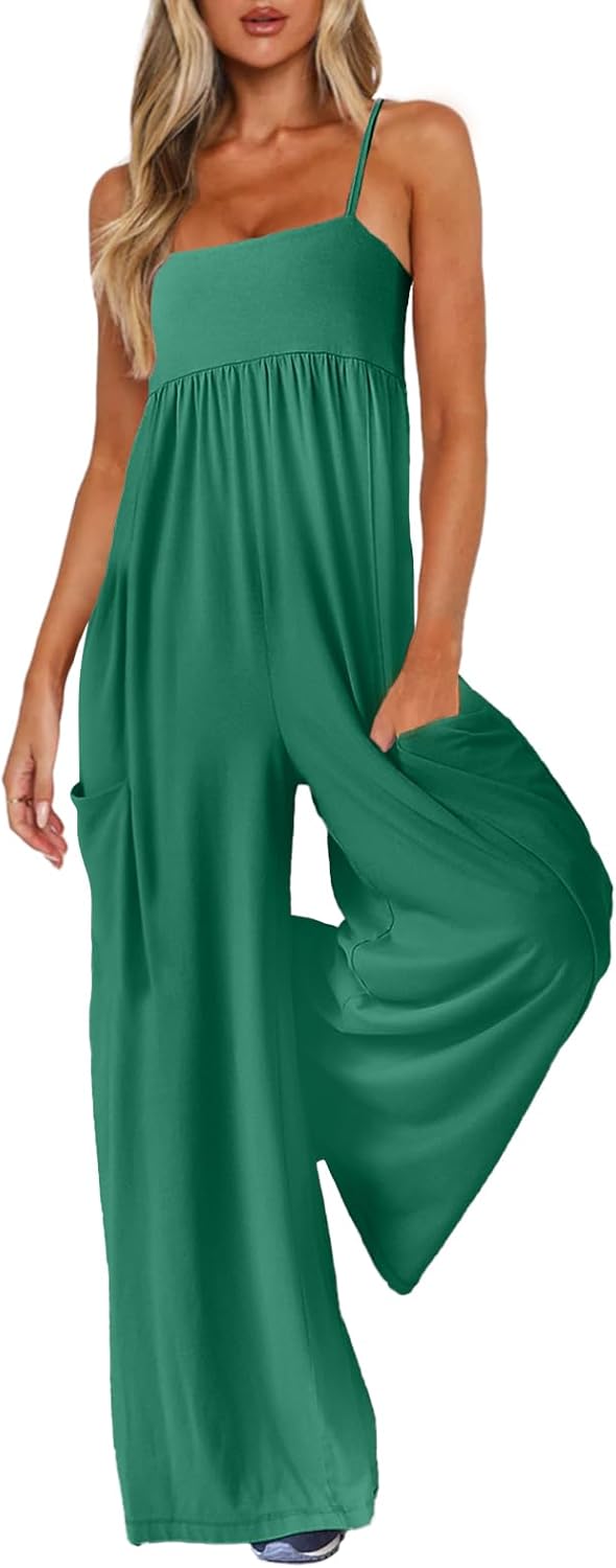 Spaghetti Strap Wide Leg Jumpsuits for Women with Pockets