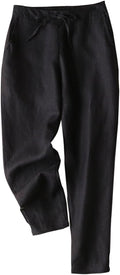 Women's Tapered Linen Pants with Drawstring Waist - Ankle Fit