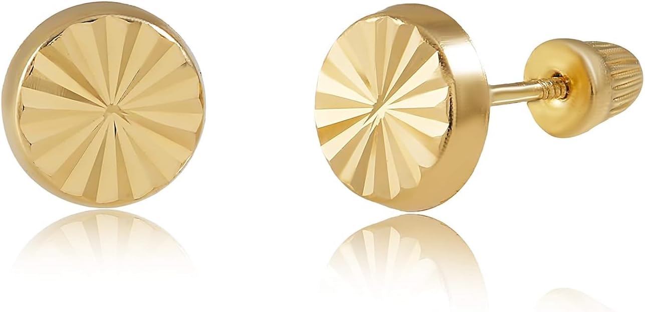 14K Yellow Gold Diamond Cut Stud Earrings for Women & Girls