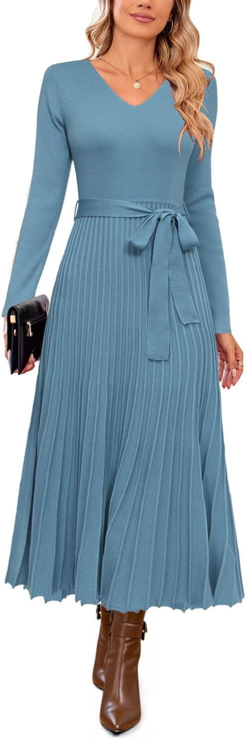 Arach&Cloz Women's Wool Blend Tie Waist Pleated Sweater Dress