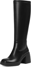 Tscoyuki Black Knee High Boots - Chunky Platform Square Toe