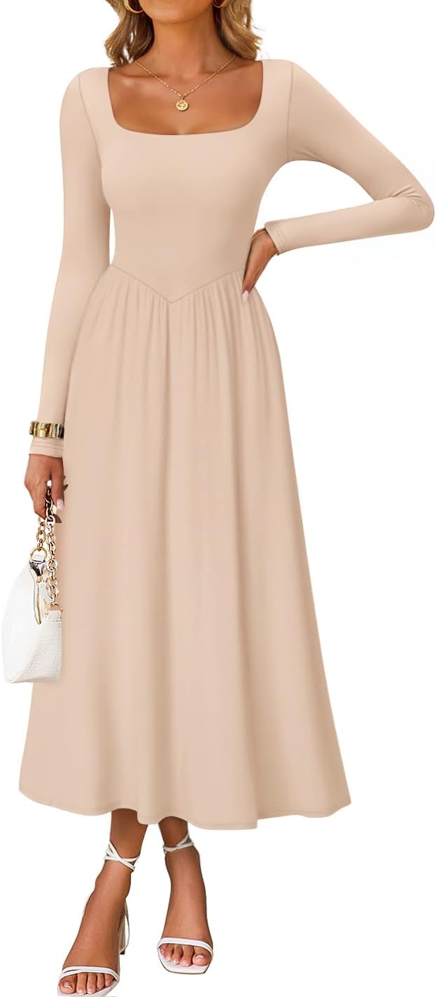 Elegant Classy Square Neck Long Sleeve Midi Dress for Women