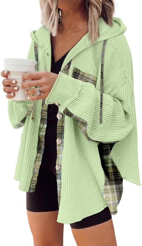 SHEWIN Womens Waffle Knit Plaid Shacket for Stylish Comfort