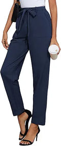 High Waist Pants with Belt and Big Pockets - Fold-up Leg Style