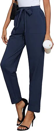 High Waist Pants with Belt and Big Pockets for Women