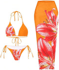 Womens 3pcs Floral Halter Triangle Bikini Set with Sheer Cover Up S-US