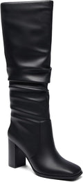 Womens Knee High Chunky Heel Square Toe Boots - Wide Calf Support