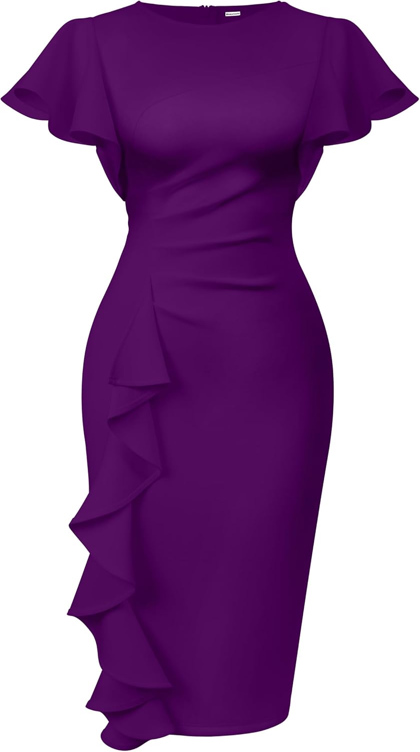 Memoriesea Women's Vintage Church Ruffle Sleeve Midi Dress