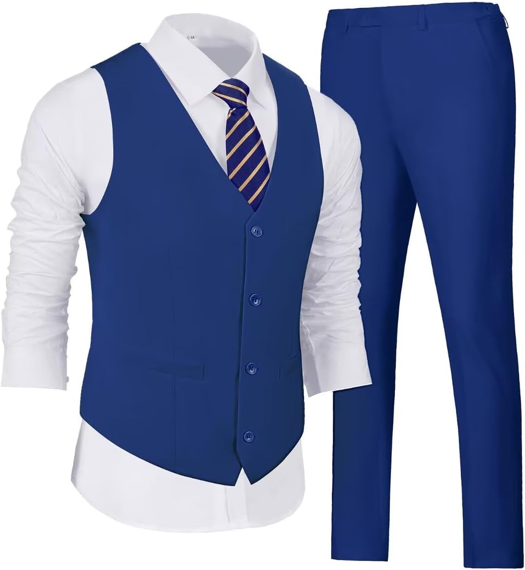 Wehilion Men's V-Neck Slim Fit Casual Suit Vest Pants Set
