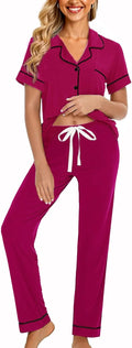 Womens Soft Pajamas Set Button Down Short Sleeves with Long Pants