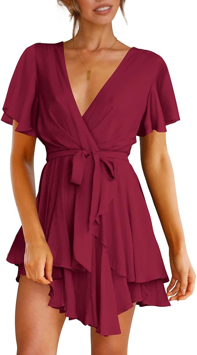 Cosonsen Women's Deep V-Neck Long Sleeve Ruffle Mini Dress