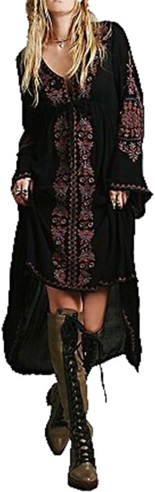R.Vivimos Womens V Neck Bell Sleeve Floral High Low Dress