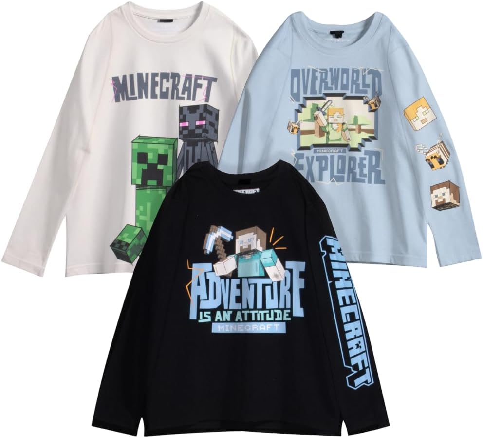 Minecraft Boy's Long Sleeve T-Shirt 3-Pack for Young Gamers