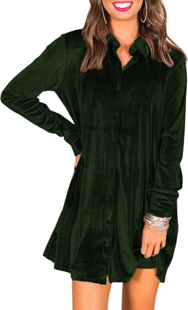 Caitefaso Womens Velvet Button Down T Shirts Swing Mini Dress